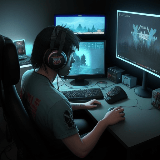 AI generated: lone gamer alone playing battle Royale games in his gaming computer. must have creepy aesthetics.