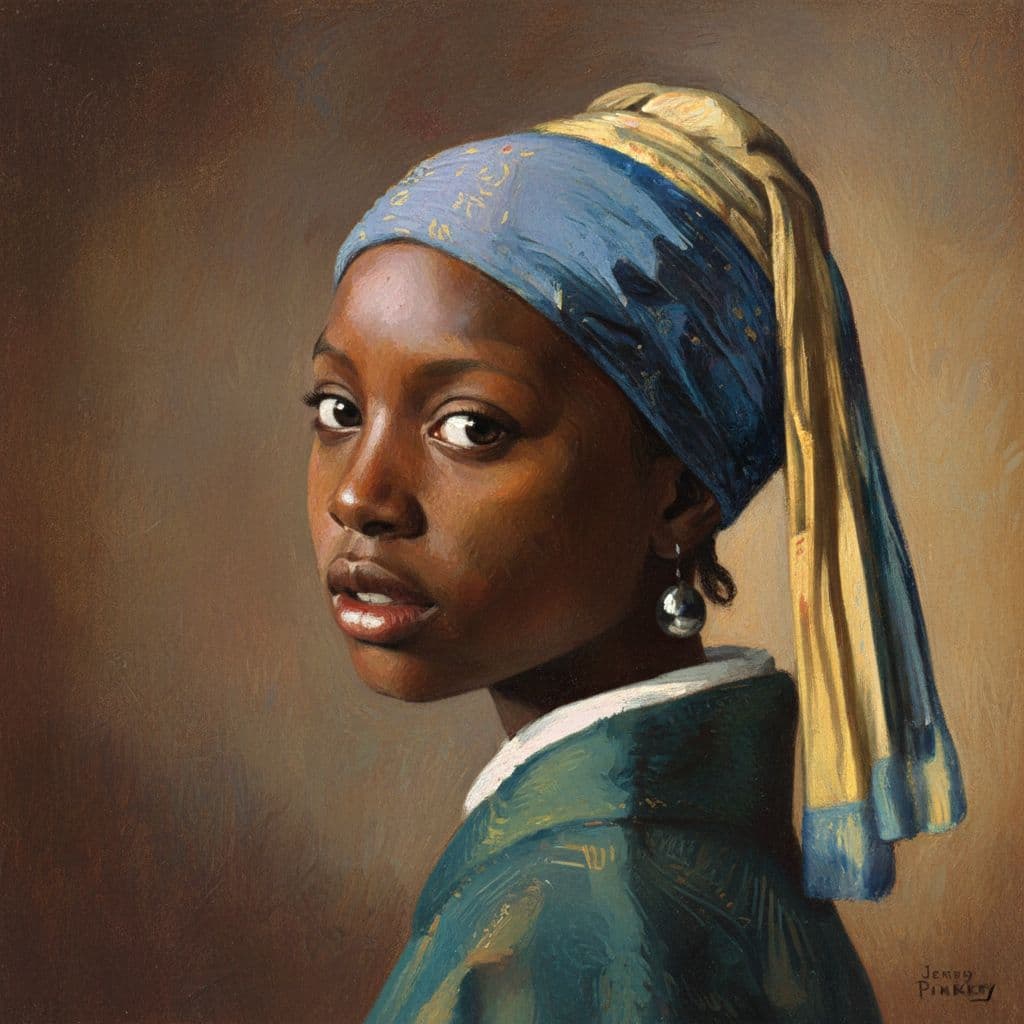 AI generated: "Girl with a pearl earing", Jerry Pinkney style --ar 2:3 --q 2