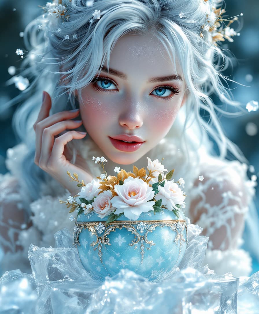 AI generated: A stunningly captivating frozen fairy with delicate, icy features and glistening translucent skin si...