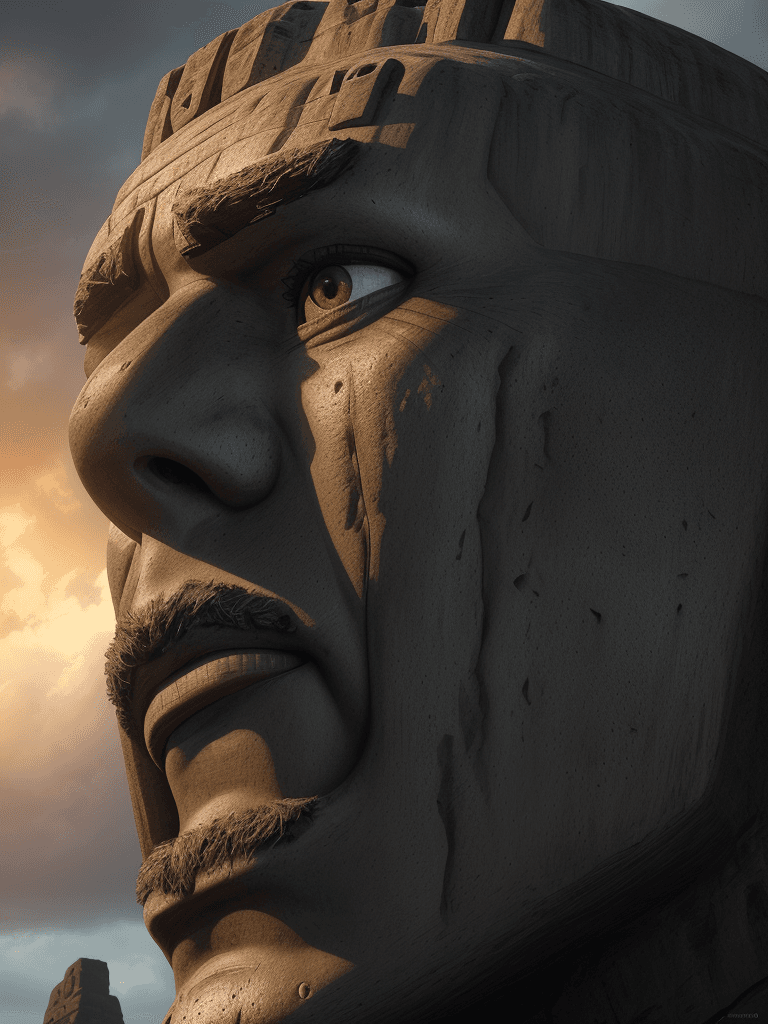 AI generated: Photo of a ultra realistic moai, one of the famed, giant stone, dramatic light, cinematic lighting, ...