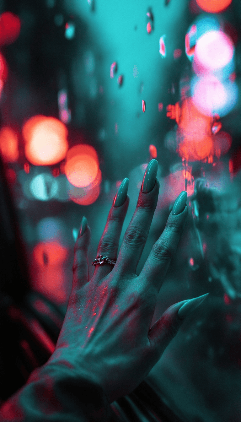 AI generated: Aesthetic cyberpunk photography, a delicate feminine hand with long green nails reaching towards a r...