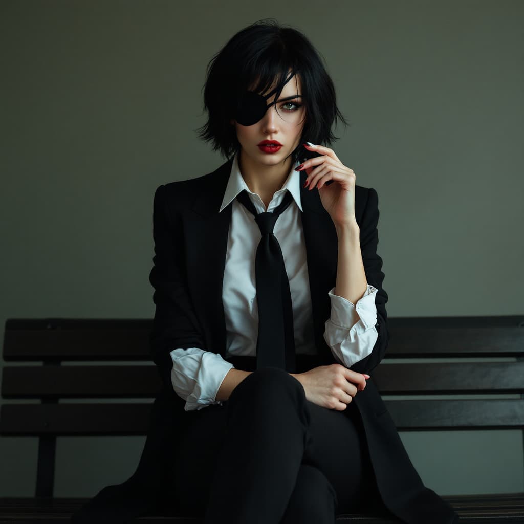 AI generated: full body portrait woman a powerful and dignified portrait ,one eyepatch, necktie, black short hair,...