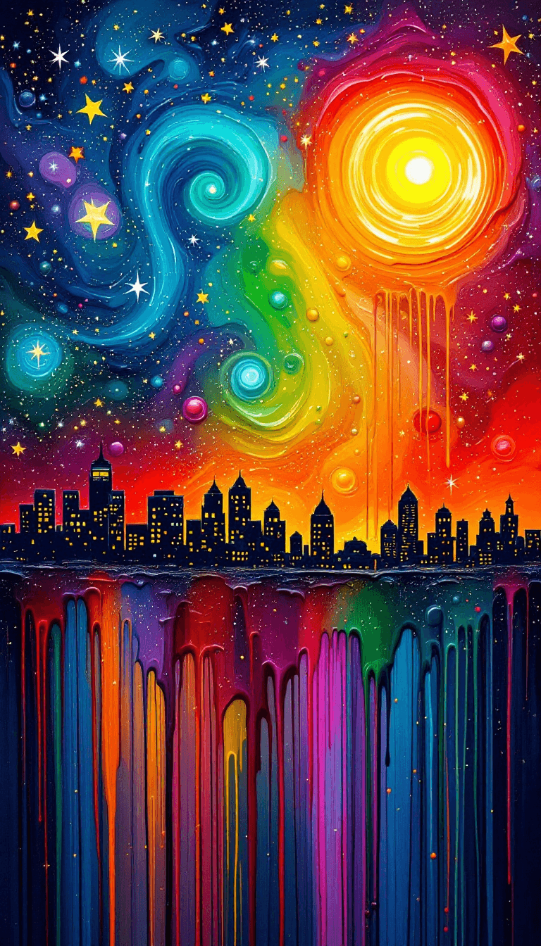 AI generated: A mesmerizing starry night sky and futuristic city skyline, sculpted entirely from thick, dripping, ...