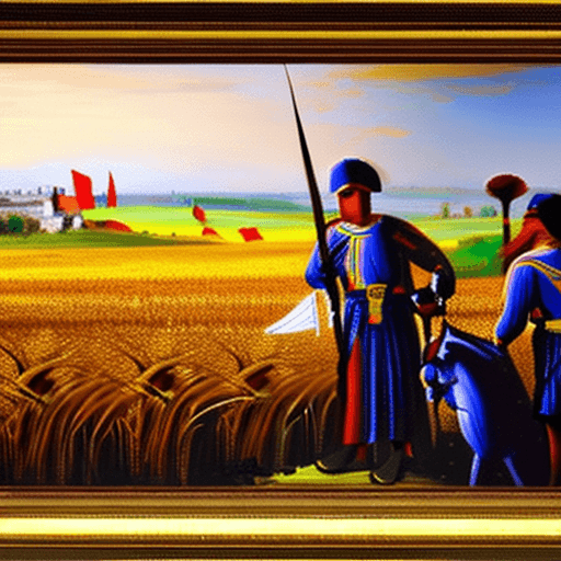 AI generated: A Roman legion with soldiers moving through a wheat field full of flowers, flags fluttering in the w...