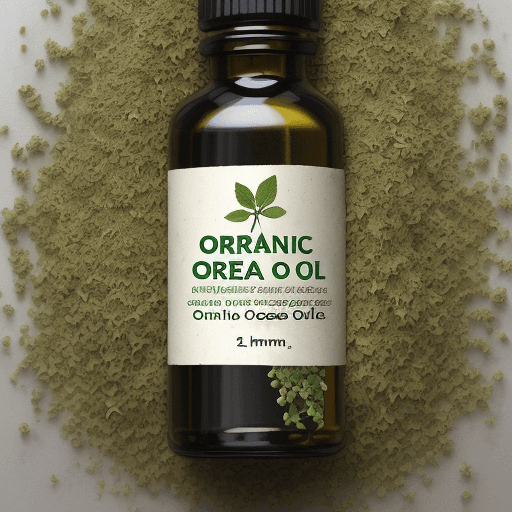 AI generated: label of organic oregano oil ACORE from 7 cm to 2 cm, using a lot of green and terra colors with a p...