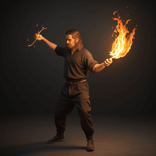 AI generated: flow artist juggling fire poi, trending on artstation, highly detailed, photorealistic