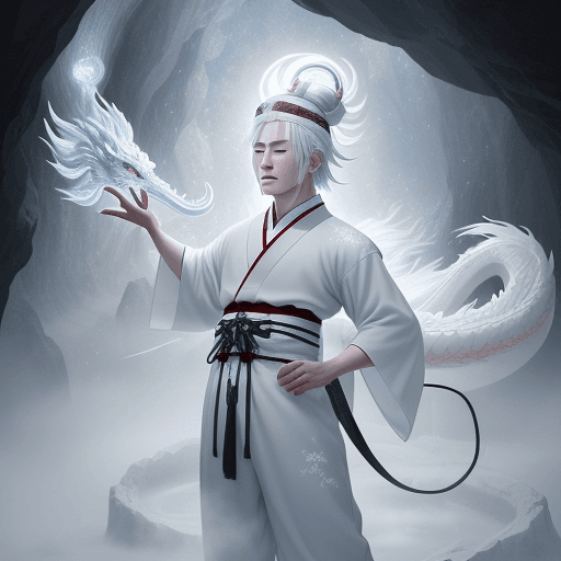 AI generated: a Chinese boy with white hair living in a cave, a celestial being, wears white Daofu, has a headband...
