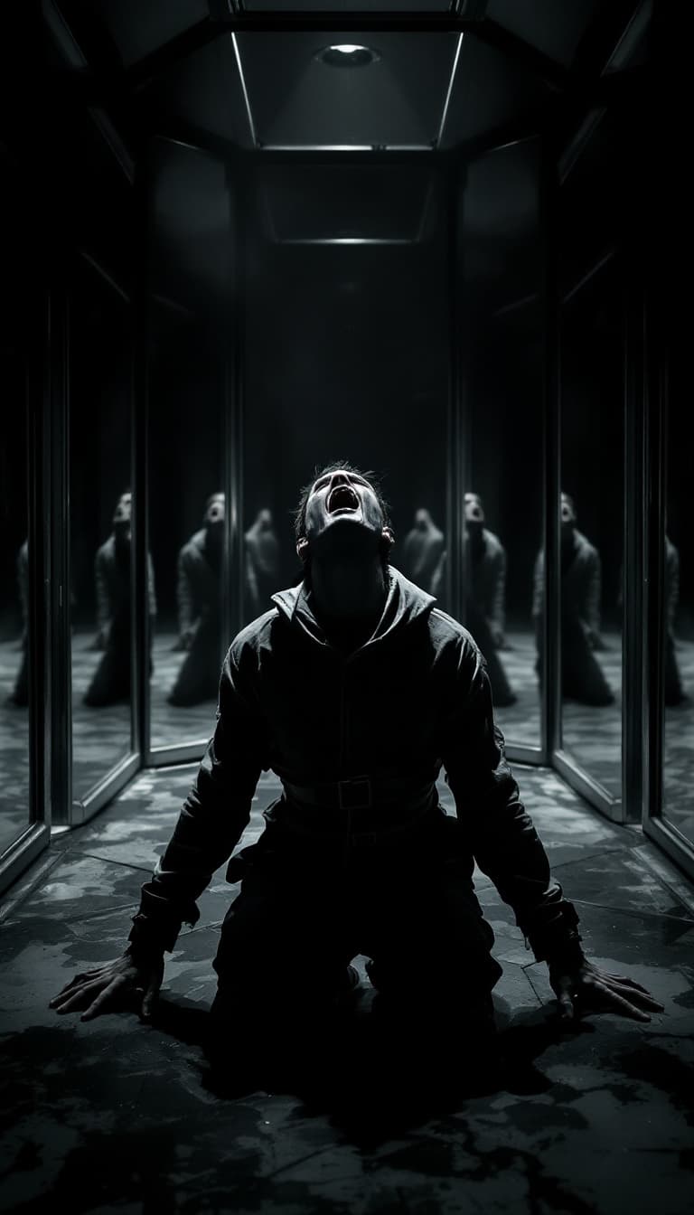 AI generated: (film grain), ultrarealistic 4k, photoart_style, (A person in a straitjacket kneels in the center of...