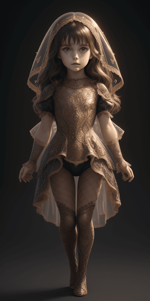 AI generated: full body, 8 year old girl, beautiful, brunette hair, little girl, short transparent tight clothes, ...