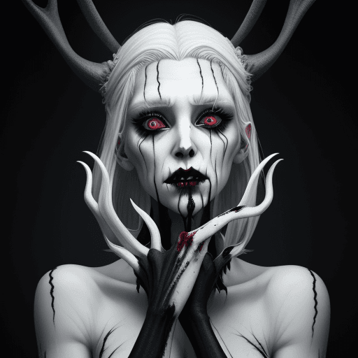 AI generated: Hyper realistic rendition of a female wendigo, bloody hands, porcelain skin, white hair, black lipst...