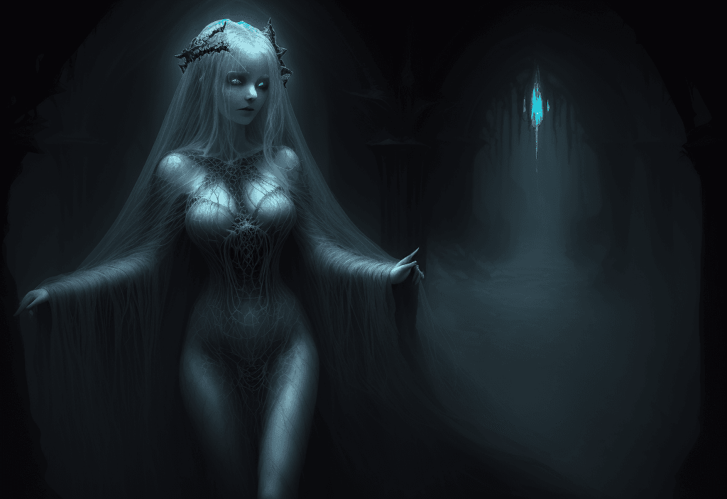 AI generated: In the depths of a dark, foreboding crypt, Isolde, a hauntingly beautiful ghostly sorceress, weaves ...