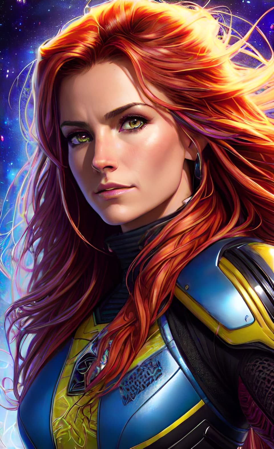 AI generated: A sci-fi style action portrait poster of female art character with long reddish messy hair, hero arm...