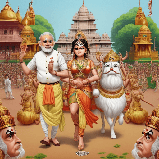 AI generated: make a caricature of modi pulling lord rama to the temple and the rama is confused, make it a funny ...
