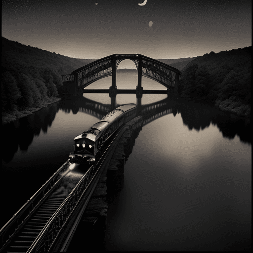 AI generated: An old 1930s steam train travelling rightward, crossing a bridge over water far away in the distance...
