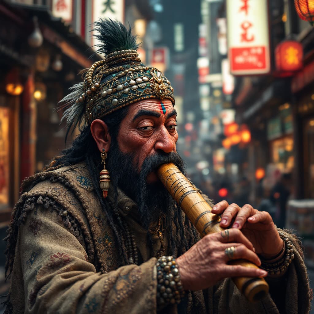 AI generated: peruvian wooden flute in an inanimated Hyperralistic indie movie poster in Tokyo
