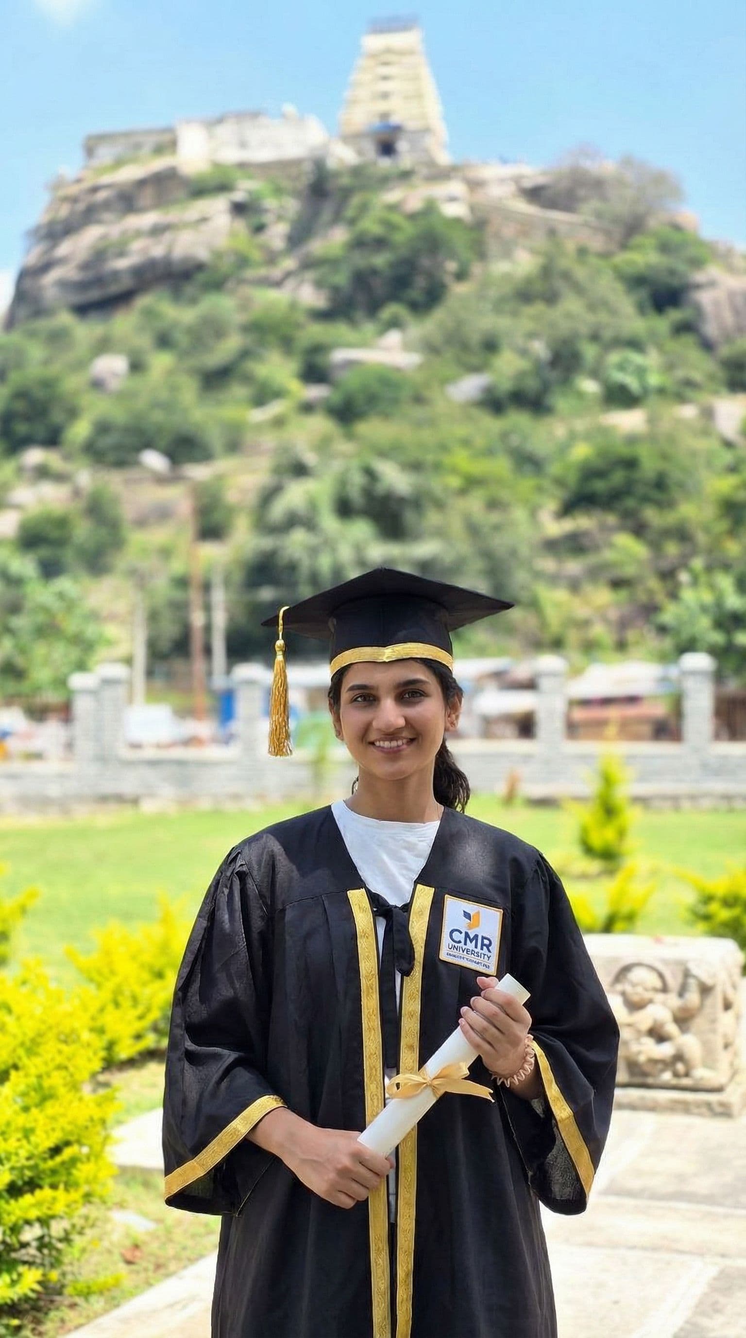 AI generated: create my graduation image in graduation attire with cmr university logo and a graduation certificat...