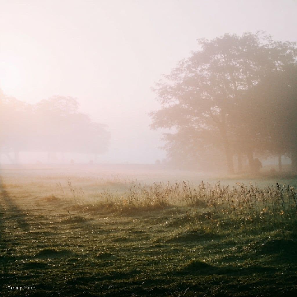 AI generated: Scenery: "Mist"—early morning, the meadow shrouded in mist. A sense of cool restraint. A pink-orange...