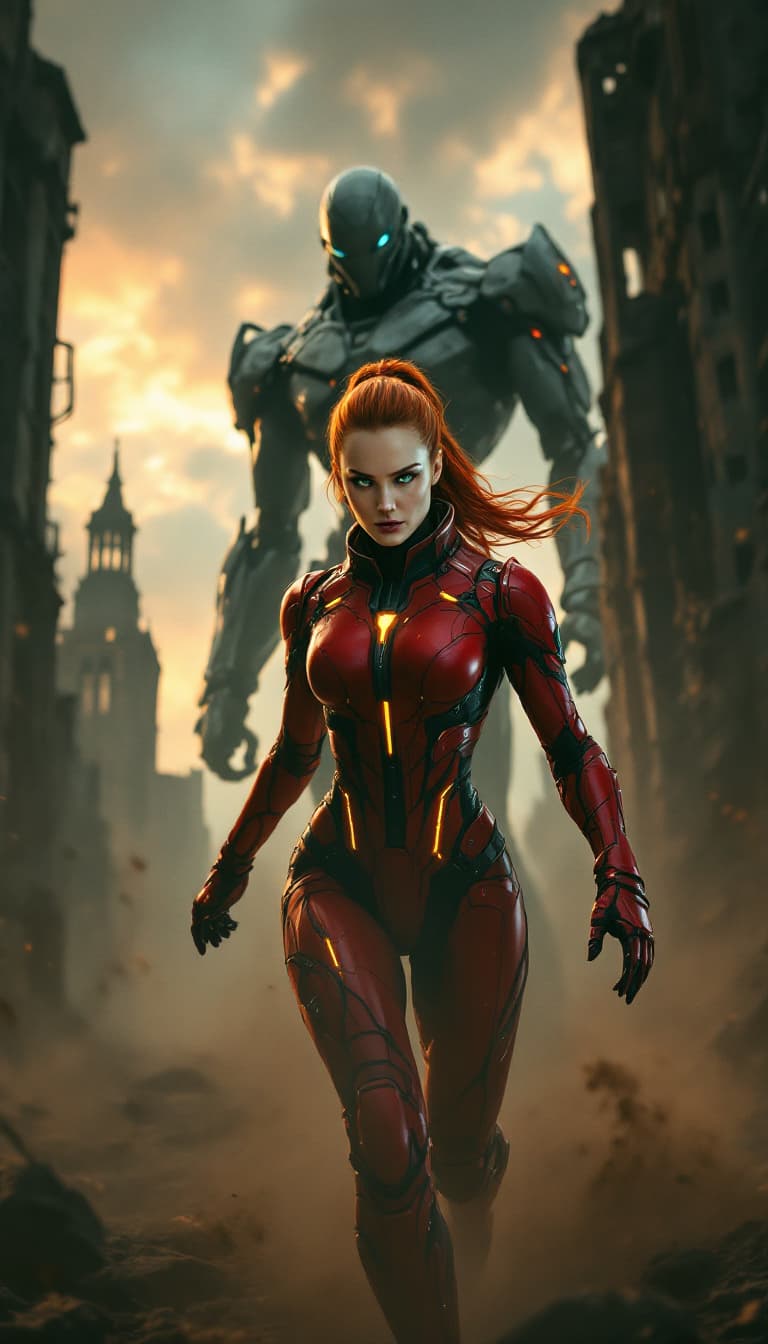 AI generated: Anya Petrova from Project Chimera, radiates a fierce, unbreakable determination with her fiery red h...