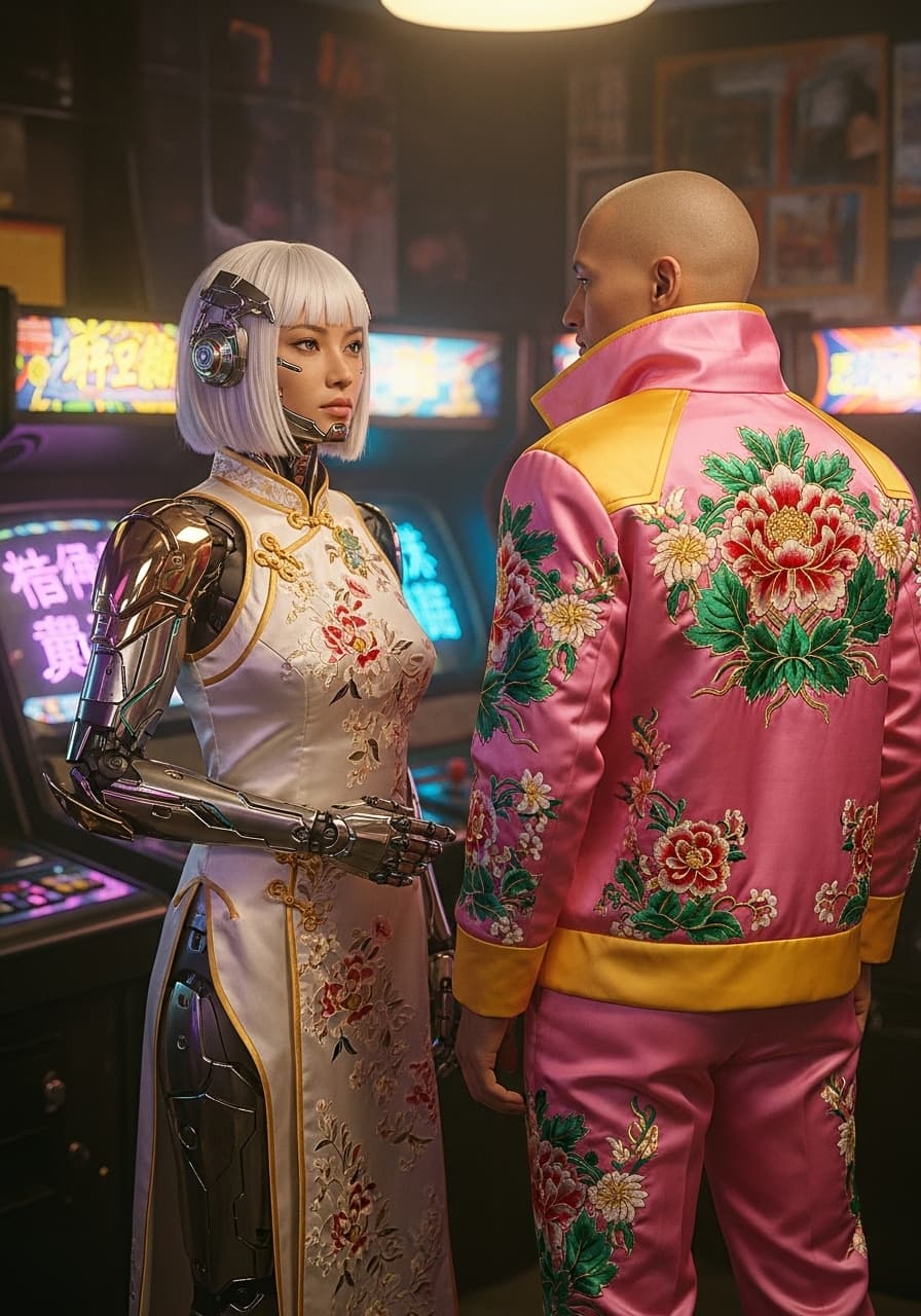 AI generated: Create a highly detailed, cinematic, cyberpunk-inspired image featuring two characters, one female a...