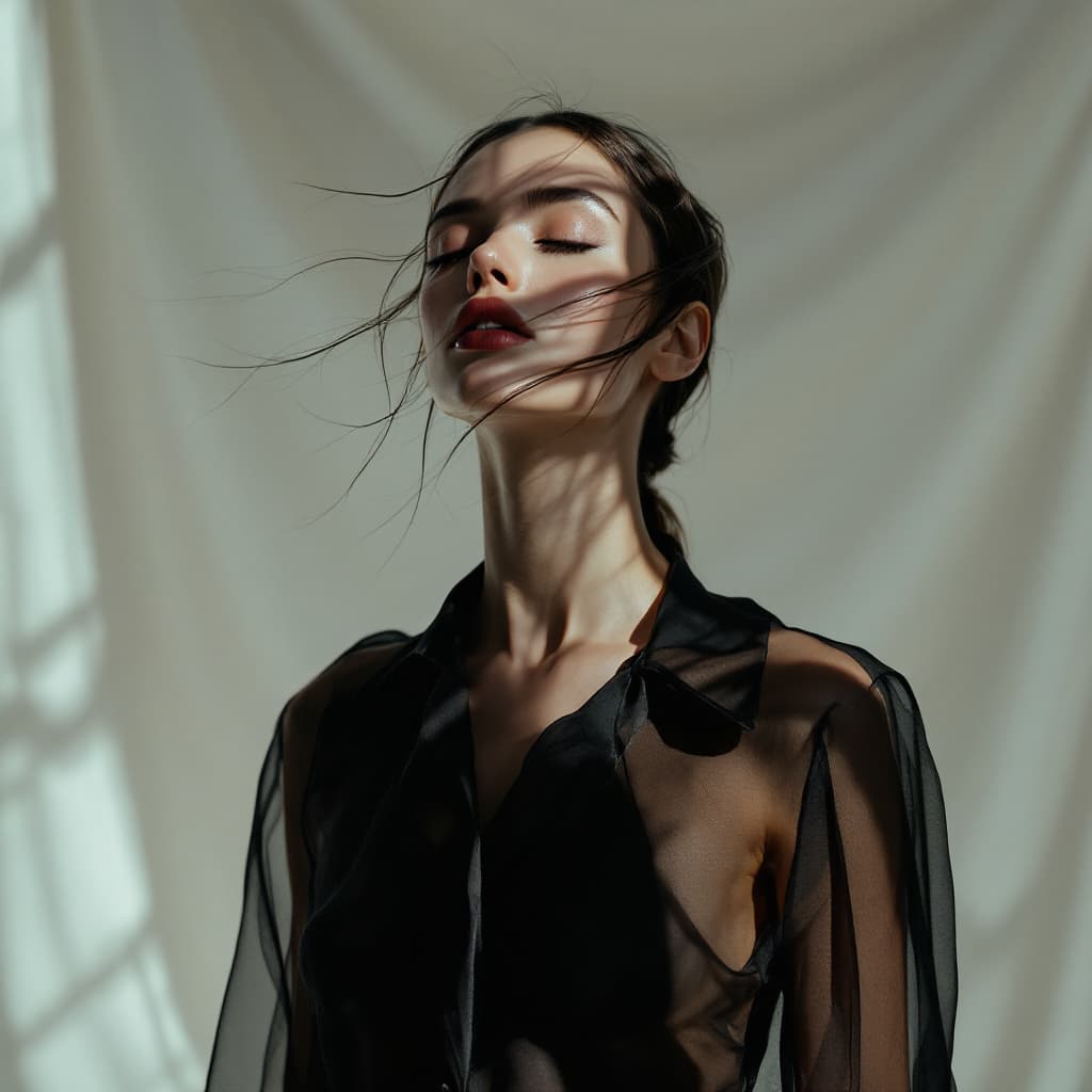 AI generated: A stunningly beautiful woman with eyes closed, wearing a sheer black transparent coat, full body sho...