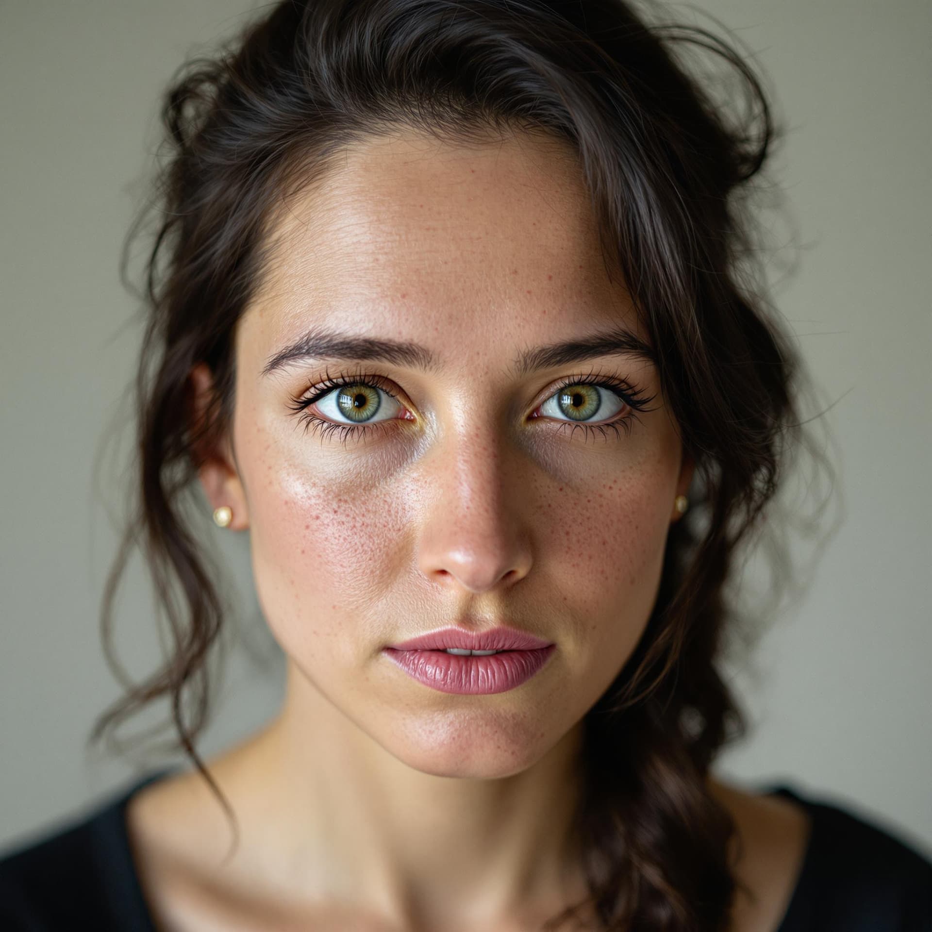 AI generated: portrait of a woman with green eyes, light freckles, and dark hair styled in loose tendrils. She has...