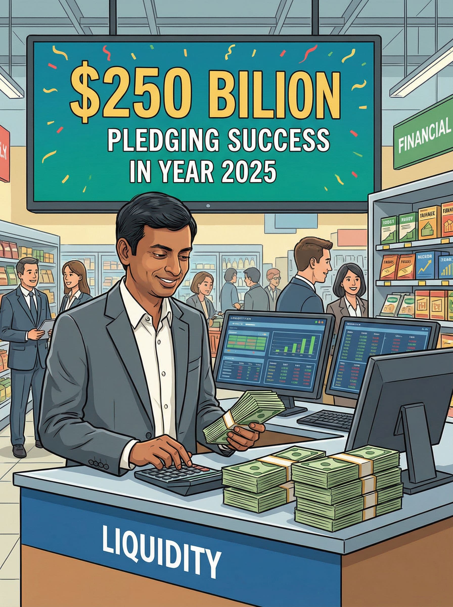 AI generated: An Indian male of age 40, professional standing at a ‘Liquidity’ counter counting cash with calculat...