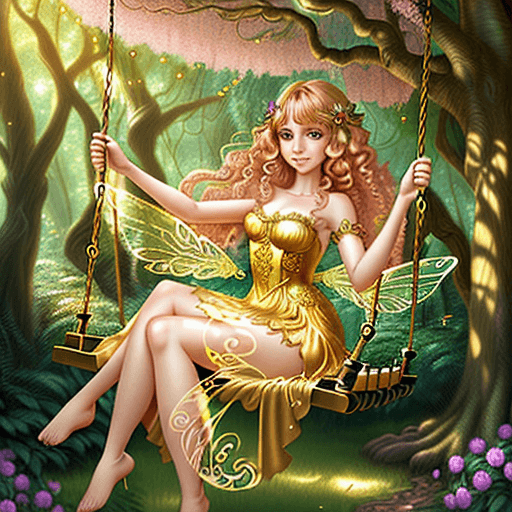 AI generated: Imagine a cheerful golden forest fairy, she is sitting on a swing from a tree branch, in a beautiful...