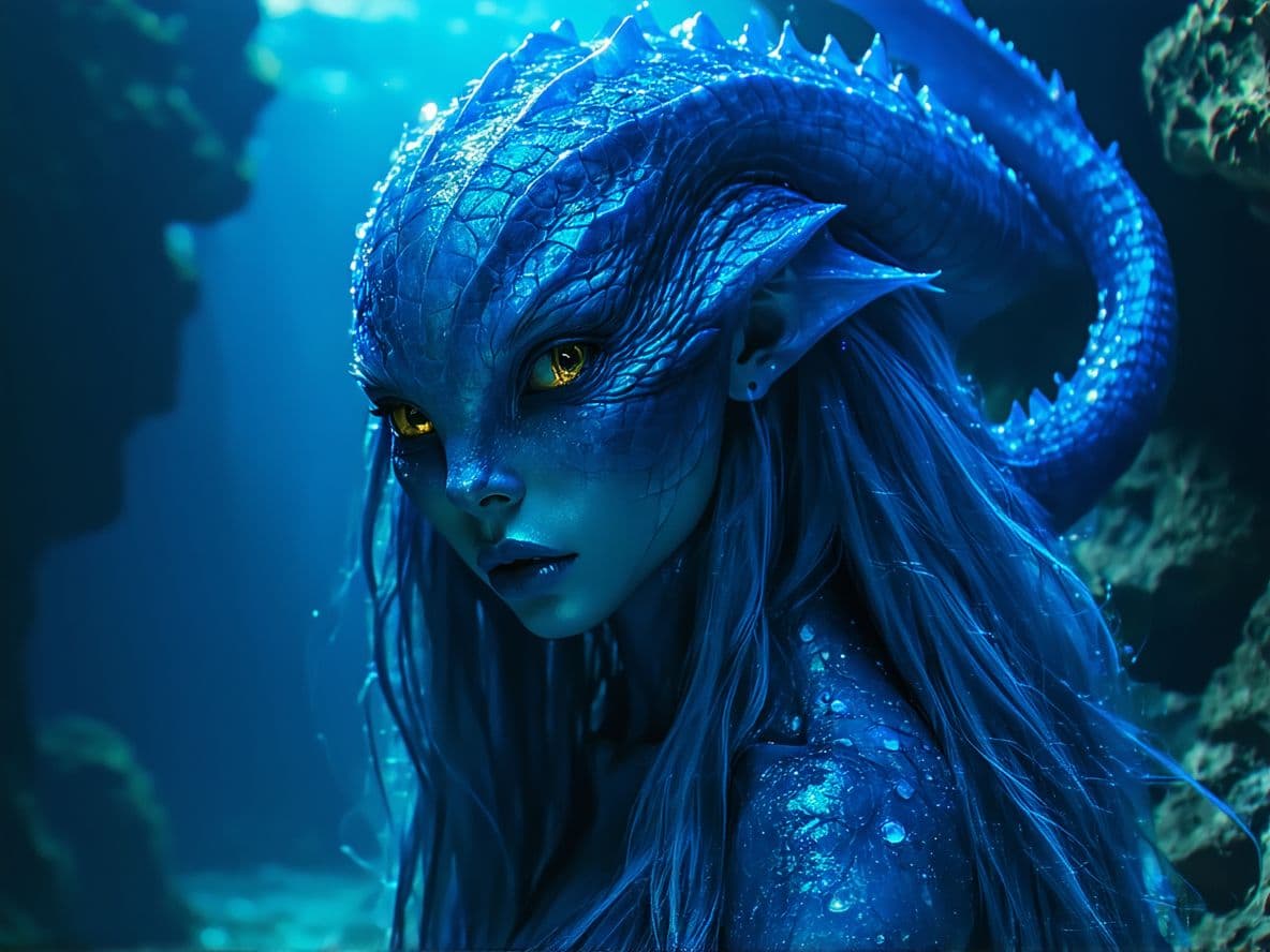 AI generated: anthropomorphic fem incredible creature from the Mariana Trench, ultramarine hair and gold eyes, ult...