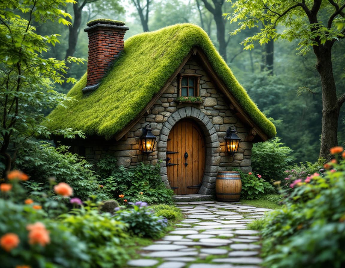 AI generated: A  moss-covered stone cottage nestled in a lush green forest. The cottage features a steeply pitched...