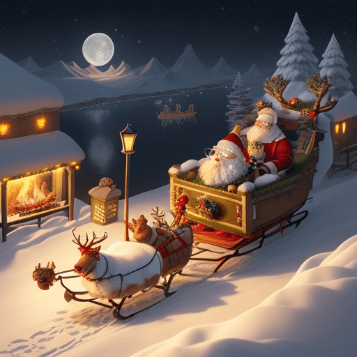 AI generated: Isometric:  Santa Claus driving sleigh pulled by reindeer flying through the clouds in the night sky...