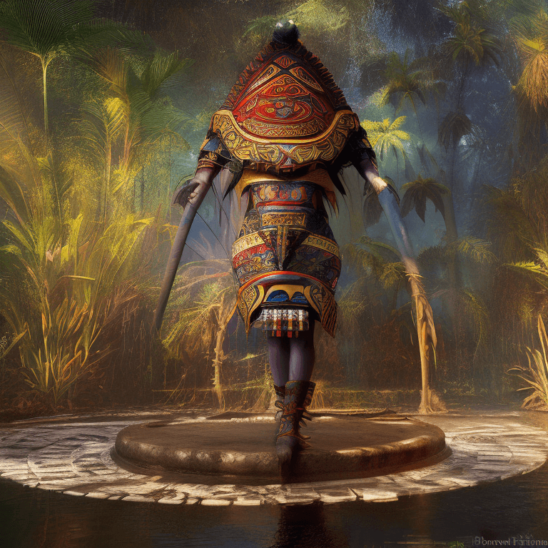 AI generated: aztec nyi roro kidul, vivid colors, dark shadows, contrast, concept art, sharp focus, digital art, H...