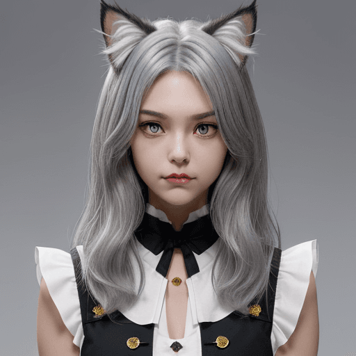 AI generated: The character has short, layered gray hair with slightly wavy tips, complemented by prominent cat ea...