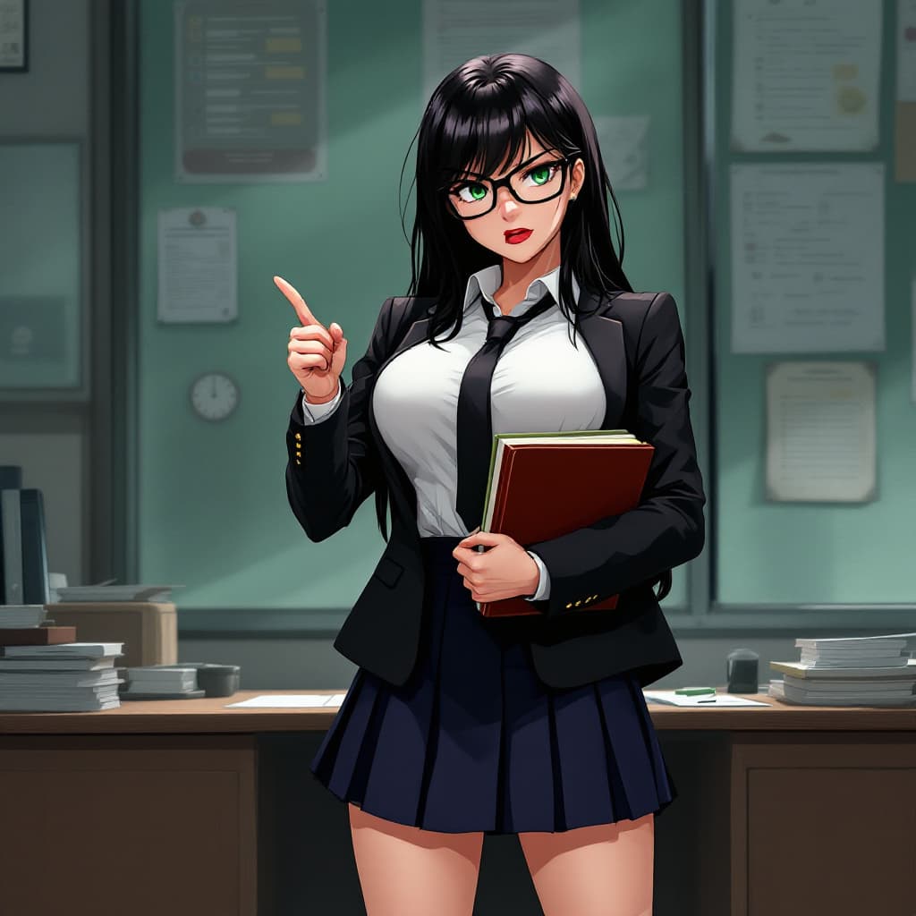 AI generated: anime, woman, black hair, long hair, green eyes, black glasses, red lips, white shirt, black tie, bl...