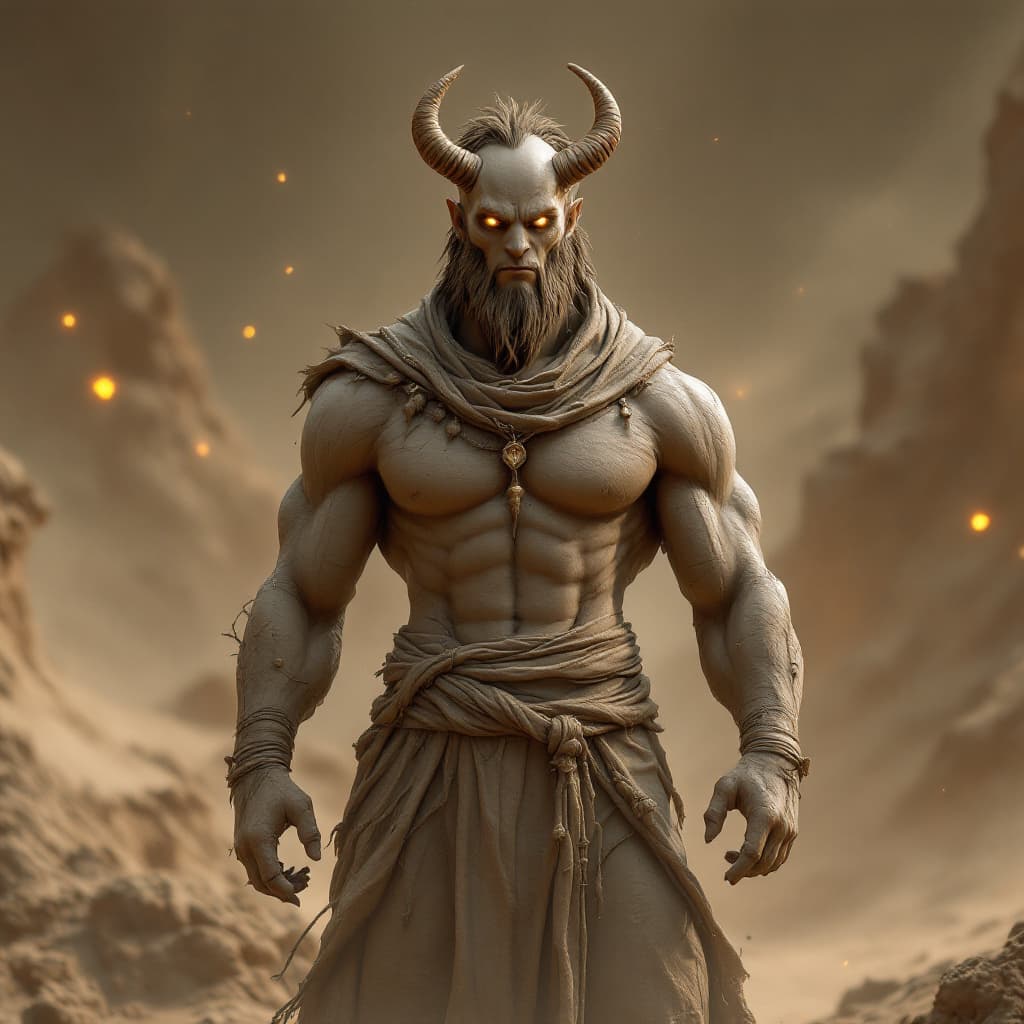AI generated: God of Mud and Clay, full-body, Etherial, muscular, No mouth or hair, Glowing Brown eyes, epic, cine...