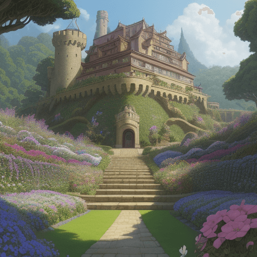 AI generated: Arnold Schwarzenegger , ornamental flower gardens with grassy courtyards and stairs, realism, highly...