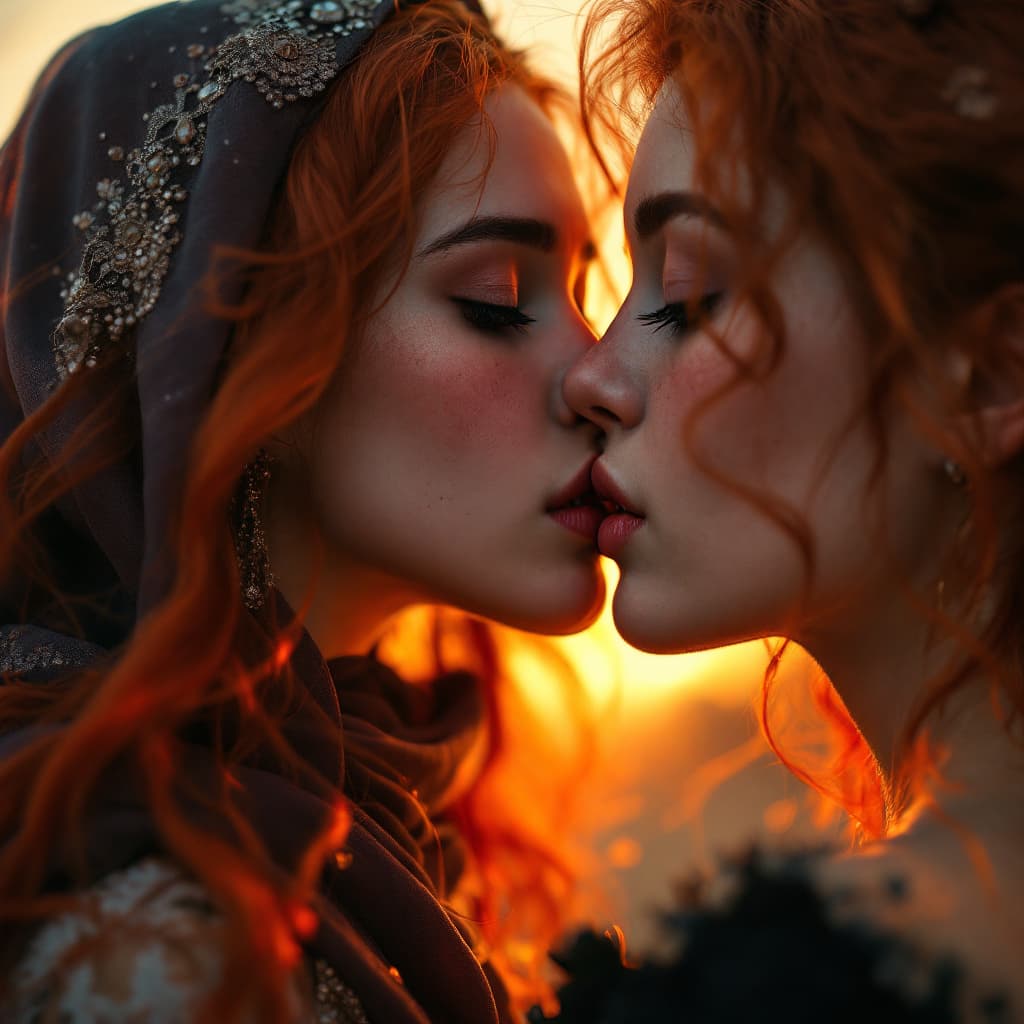 AI generated: An Arab girl kissing a red-headed girl with pale skin, dramatic light, pale sunrise, cinematic light...