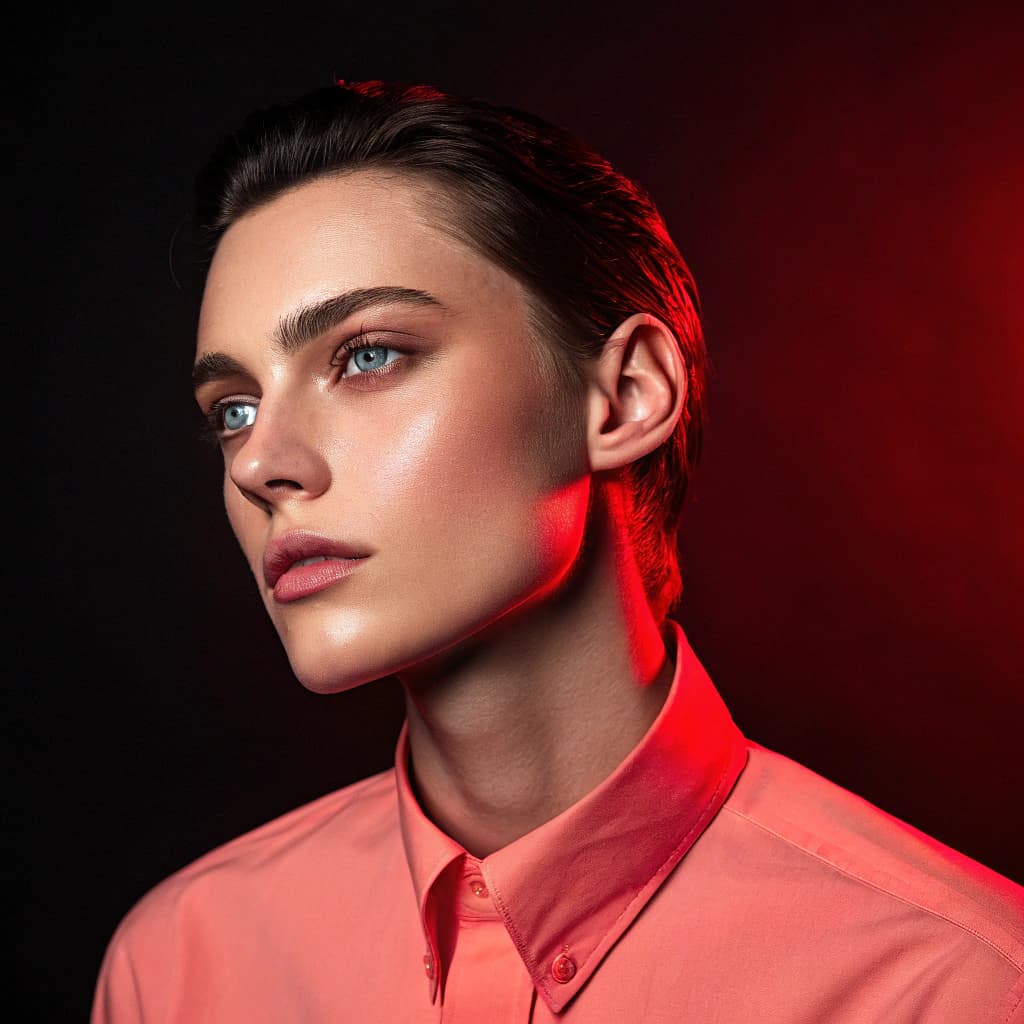 AI generated: shadowed model against a background that shifts from deep black to vibrant red, key lighting, soft d...