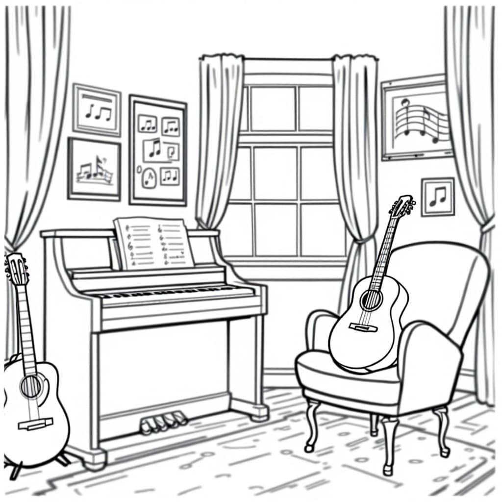 AI generated: Create a high-resolution black-and-white line drawing of a music room. Include detailed elements suc...