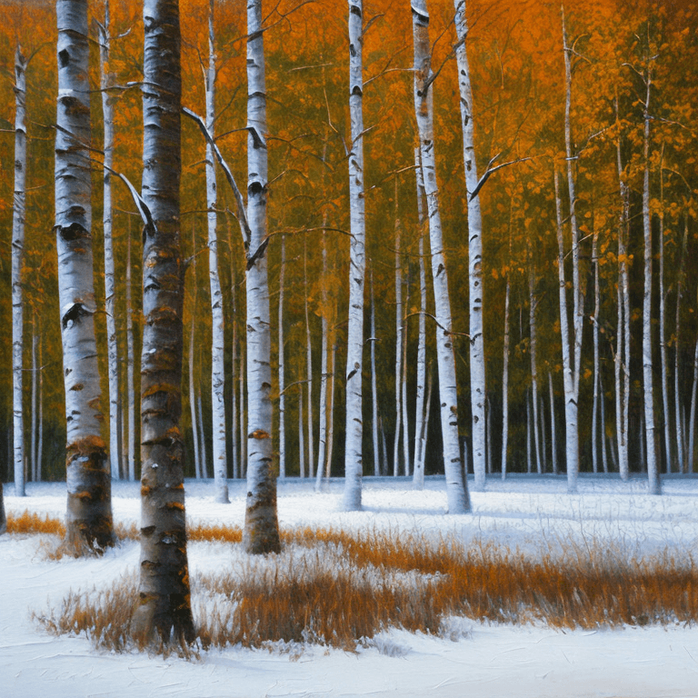 AI generated: a painting of some trees in the snow, an oil painting, shutterstock, american scene painting, birch ...