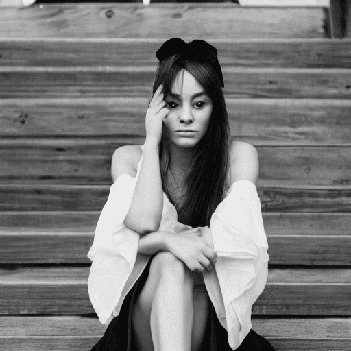 AI generated: An image of a young woman sitting on wooden steps leading up to the viewer. Her pose is elegant and ...