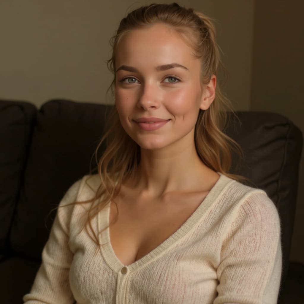 AI generated: fantasy art, woman , young, messy ponytail dark blonde hair, grey  eyes, sitting on sofa, small brea...