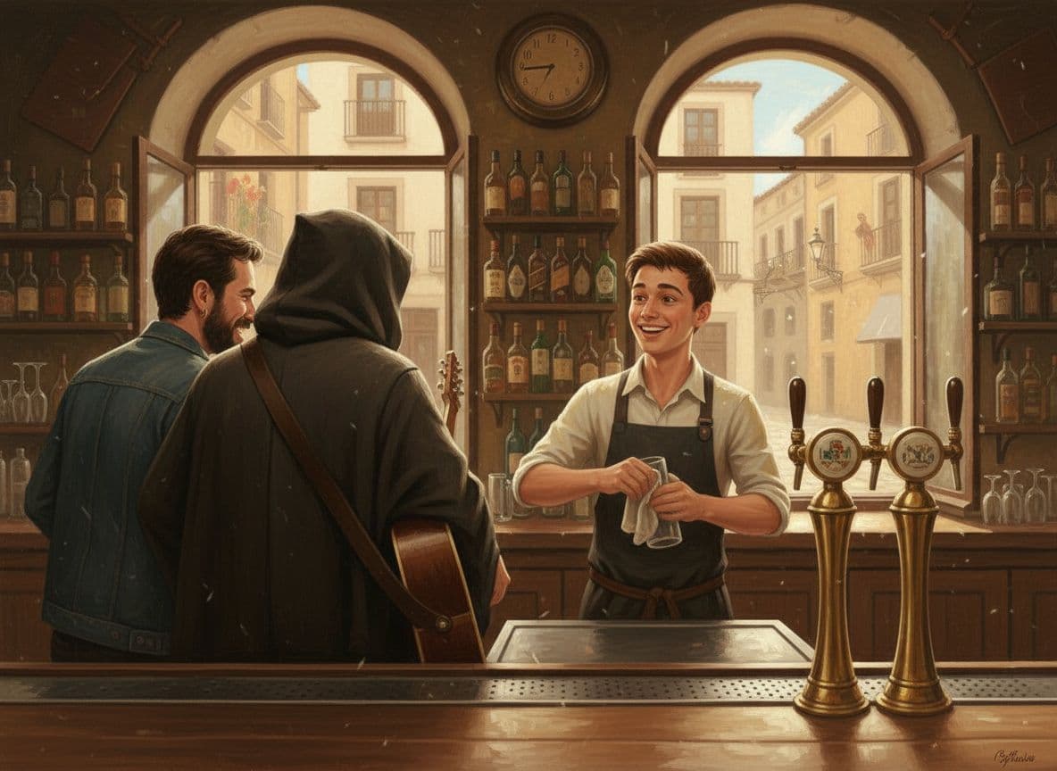 AI generated: Quiero que me des esta imagen girando la cámara 180º. Ambos personajes están en la misma posición pe...