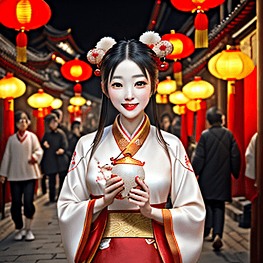 AI generated: realistic beautiful Chinese girl  beautiful eyes long nose+ red lips smiling in luxurious hanfu walk...