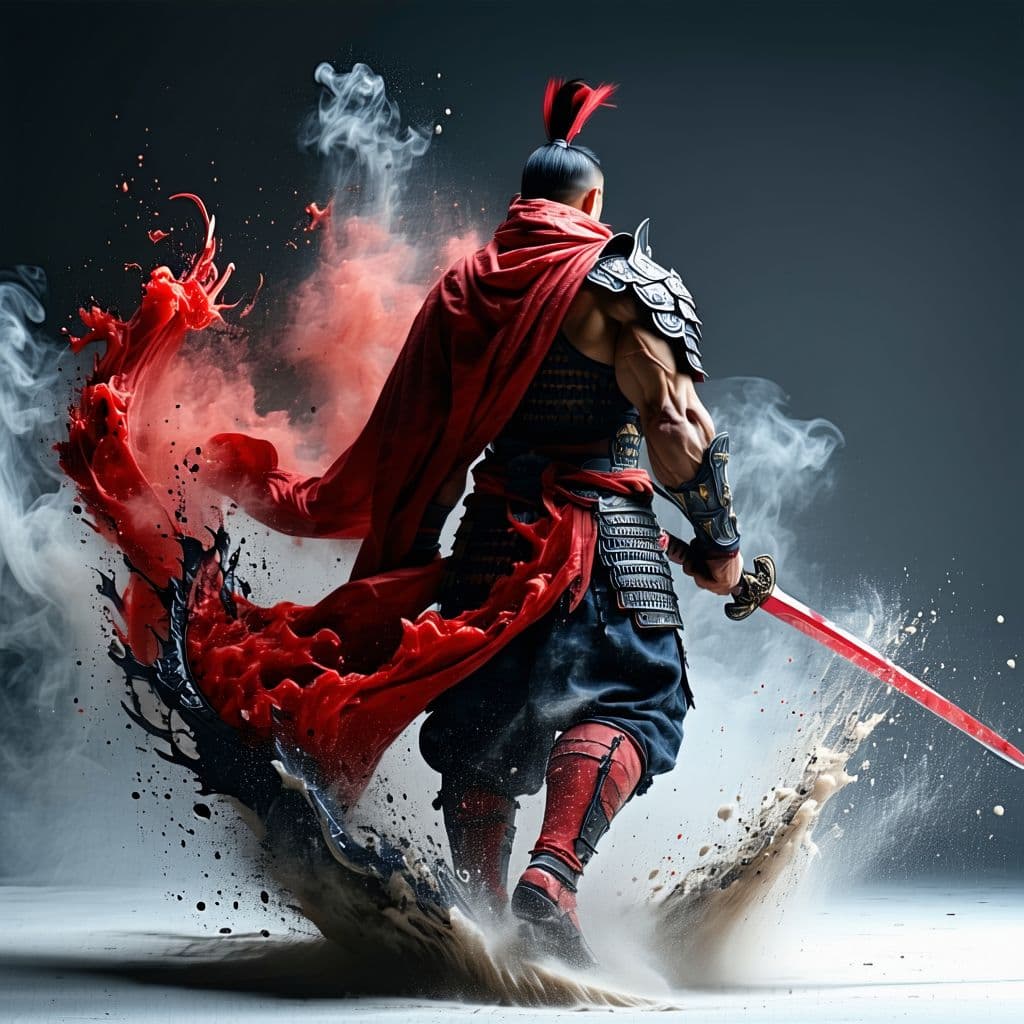 AI generated: high resolution A muscular human warrior with the head and body of a man. Wearing dragon-pattern arm...