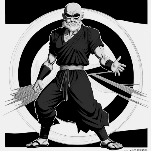 AI generated: a manga drawing of Raven Master Roshi, full body shot, , in the style of Akira Toriyama , black back...