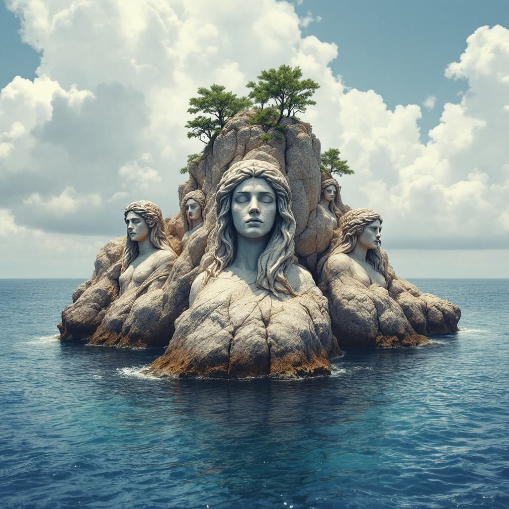 AI generated: Paisaje marino con una isla rocosa encima del agua y debajo del agua diferentes estatuas griegas suj...