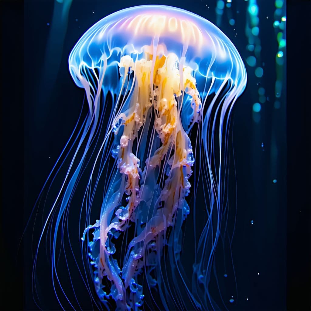 AI generated: An anthropomorphic jellyfish pirate, posed character portrait design study, backlit, light rays, hig...
