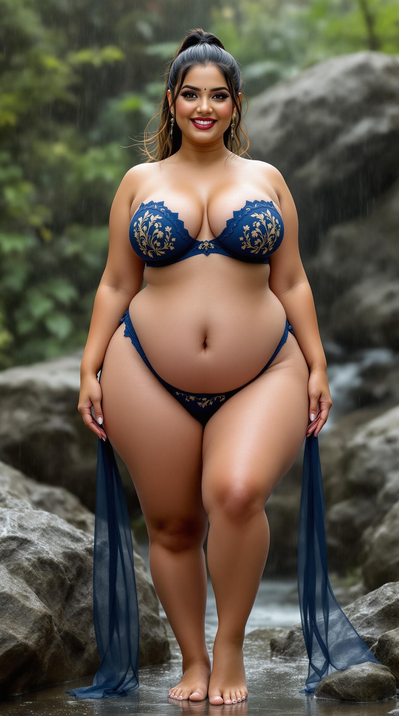 AI generated: front view huge curvy body  naked exposed to slim see through bra and panty looking at viewers smili...
