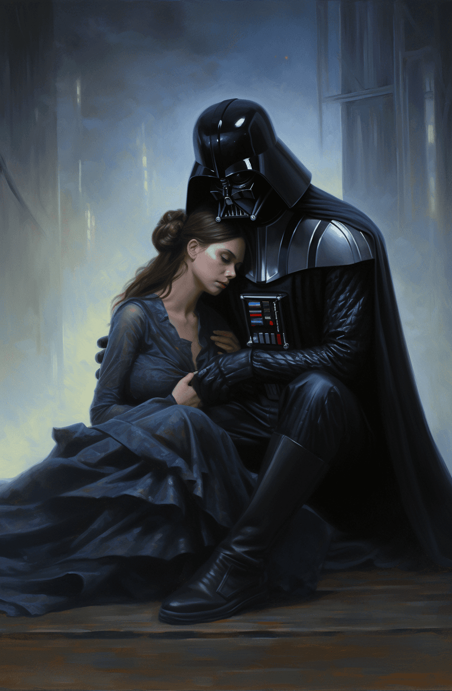 AI generated: A woman in dark hood hugging Darth Vader, both sitting on the ground, in the style of Alex Alemany, ...