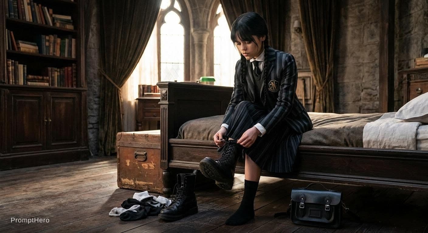 AI generated: Jenna Ortega as wednesday taking off her boots and showing his feets